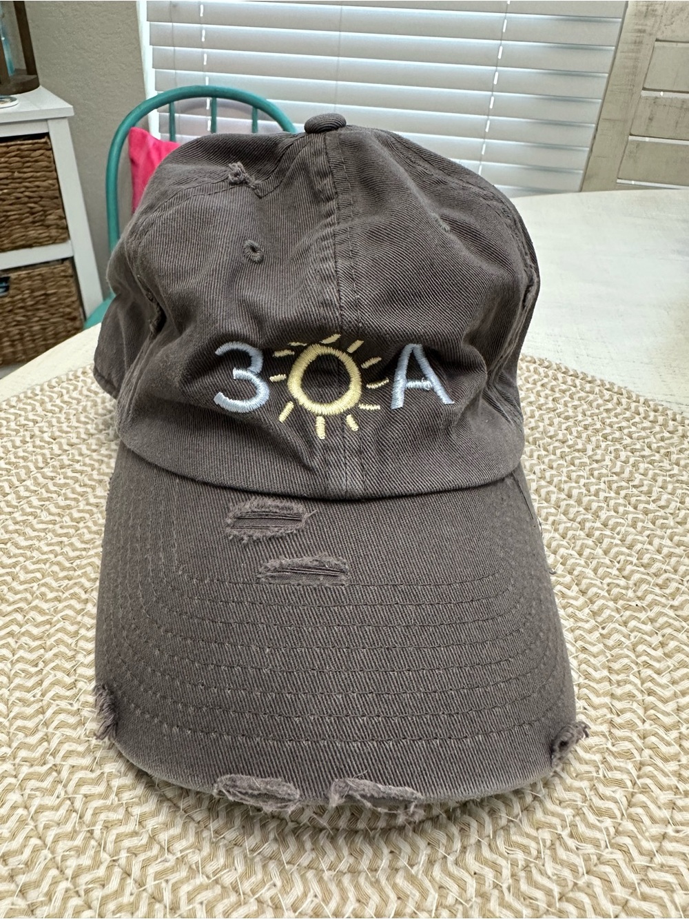 3•ØA Sun Embroidered Distressed Baseball Cap - Brown & Yellow